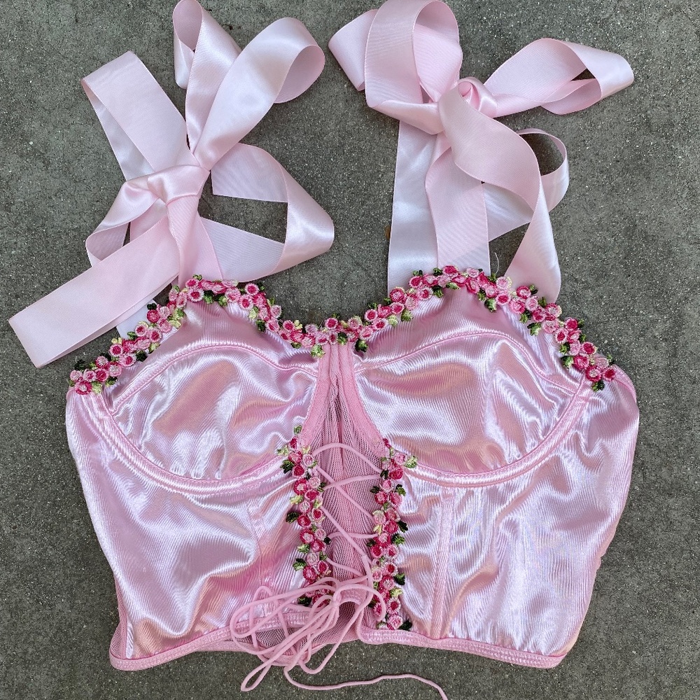SHEIN pink satin flower crop top bralette